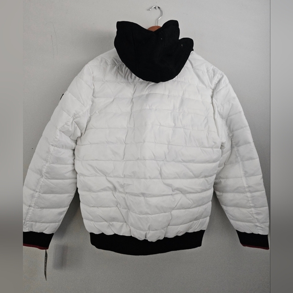 Men's GUESS White Puffer Quilted Jacket Hooded Red Trim XL - Picture 11 of 12